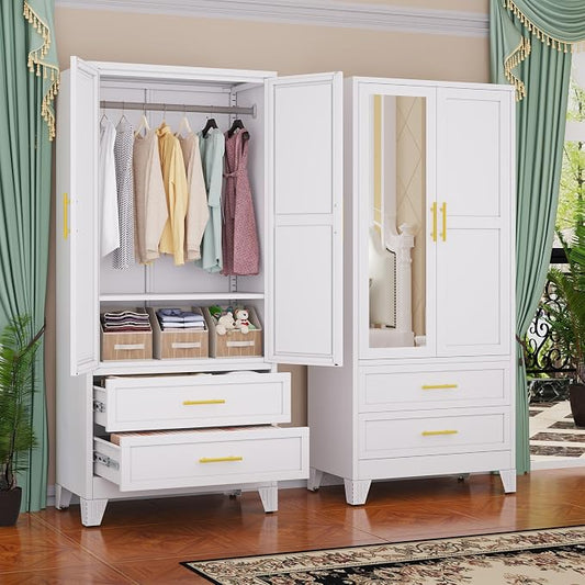 GAIOUS Steel Armoire Wardrobe Closet with Mirror and 2 Drawers 71" White | Clothes Storage Cabinets with 2 Doors, 1 Adjustable Shelf, Metal Wardrobe Cabinet with Hanging Rod for Bedroom, Gym, Cloak
