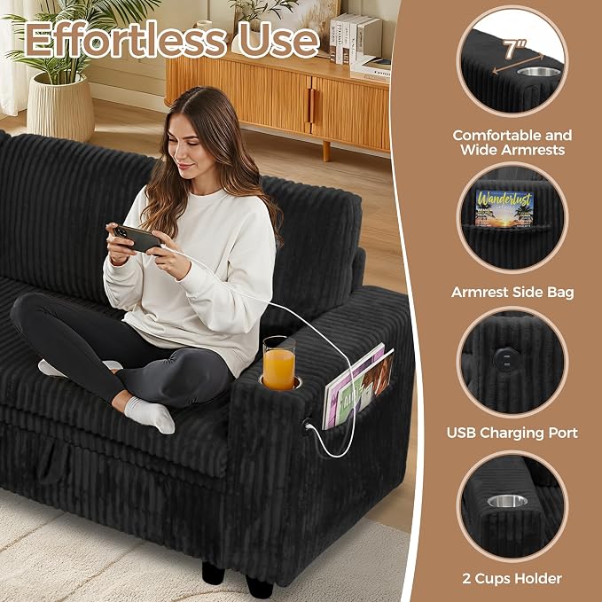 Sectional Sleeper Sofa with Pull Out Bed, 5-Seat L-Shaped, Black | Plush Corduroy Modular Couch with Hidden Storage, USB Charging & Cup Holders, Cozy Small Sectional Couches for Living Room.