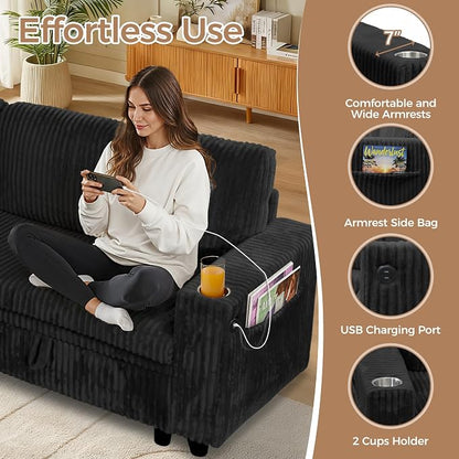 Sectional Sleeper Sofa with Pull Out Bed, 5-Seat L-Shaped, Black | Plush Corduroy Modular Couch with Hidden Storage, USB Charging & Cup Holders, Cozy Small Sectional Couches for Living Room.