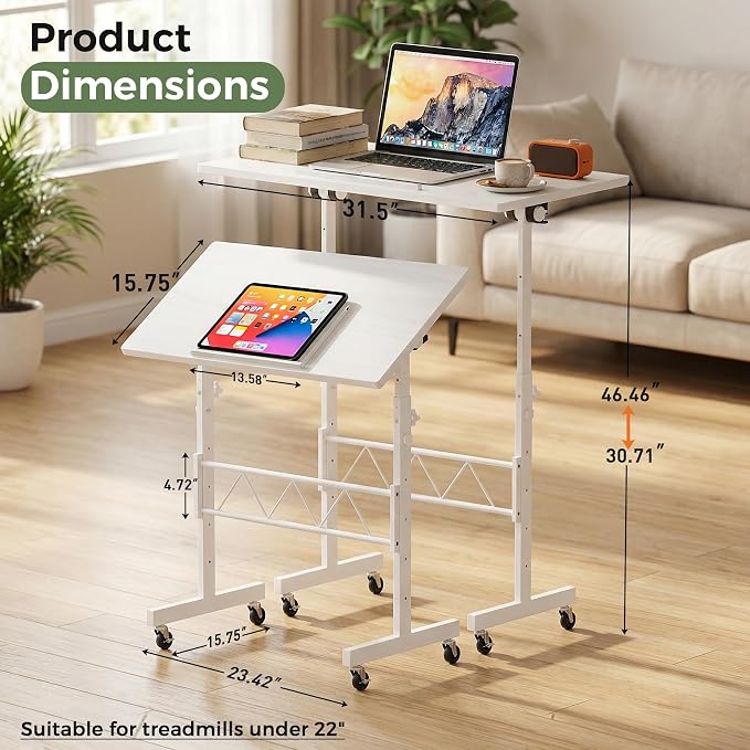 GTPLAYER Small Standing Desk Adjustable Height, 30.7"-46.4" Portable Computer Table Mobile Desk Workstation Stand Up Desk with Wheels Compact Rolling Table for Home Work Treadmill Walking Pad White