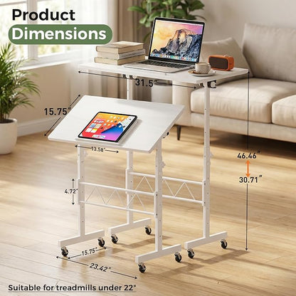 GTPLAYER Small Standing Desk Adjustable Height, 30.7"-46.4" Portable Computer Table Mobile Desk Workstation Stand Up Desk with Wheels Compact Rolling Table for Home Work Treadmill Walking Pad White
