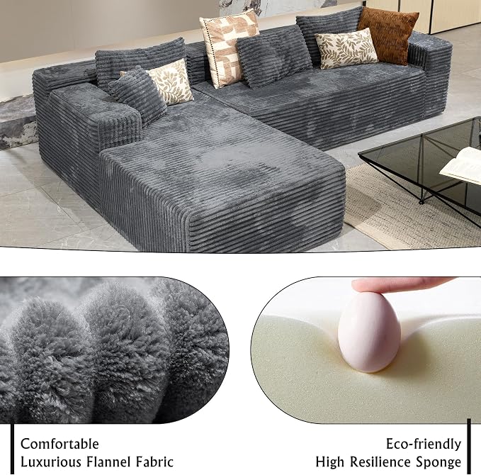 Sectional couches for Living Room Corduroy Couch, 104" Cloud Sectional Couch with L-Shape Chaise, Modern Modular Sofa, Deep Seat Comfort, No Assembly Required(Plush Corduroy, Left Facing Chaise)