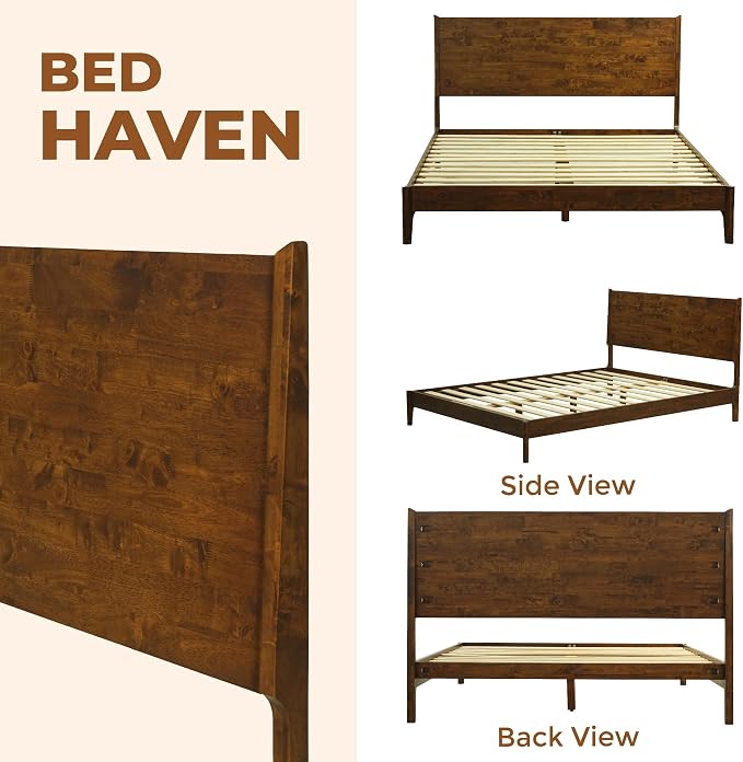 Acacia Haven King Size Bed Frame and Headboard, King Size Platform Bed Frame Scandinavian Wood Bed Compatible with All Mattress Types, 800 lbs Capacity Wood Slats Support, Walnut.