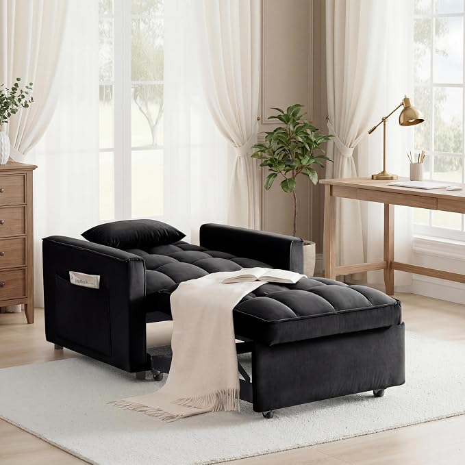 Sleeper Chair, Pull Out Chair Sleeper with Adjustable Back & Pocket, Convertible Chairs Bed Sleepers for Adults, 3 in 1 Sofa Bed Chairs for Small Spaces, Living Room, Black