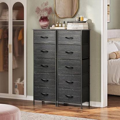 WLIVE Fabric Dresser, 5-Drawer Tall Dressers for Bedroom, Storage Dresser Organizer with Wood Top, Sturdy Steel Frame, Chest of Drawers for Closet, Hallway, Charcoal Black Wood Grain Print