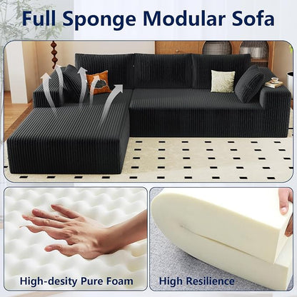 96" Modular Sectional Sofa, Modern Corduroy Cloud Couch with Deep Seat, Boneless Couch Upholstered 3-Seater L-Shaped Sofa for Living Room, No Assembly Required (Black, Left-Facing Chaise)