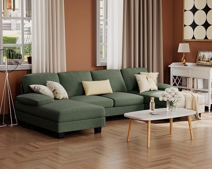 Furmax Sectional Couches for Living Room, U-Shaped Sofa Couch with Linen Fabric, 4 Seat Sofa Set with Double Chaise for Apartment (Corduroy, Dark Green)