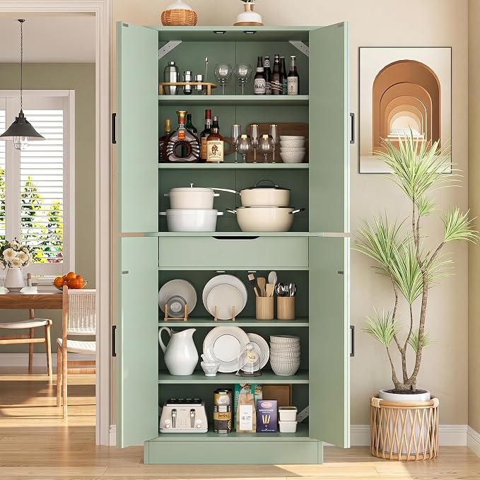 Unikito 71" Tall Kitchen Pantry Storage Cabinet with Farmhouse Barn Doors and Storage Drawer, 4 Adjustable Shelves, Freestanding Cupboard for Dining Room, Living Room, Utility Room, Green