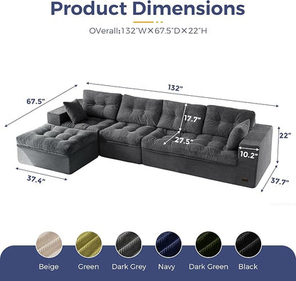 MAXYOYO 132" L Shaped Modular Sectional Sofa with Ottoman, Cloud Boneless Couch with Layered Cushion, Upholstered Sofa in a Box, Flexible Module Combination for Living Room, No Assembly, Dark Grey