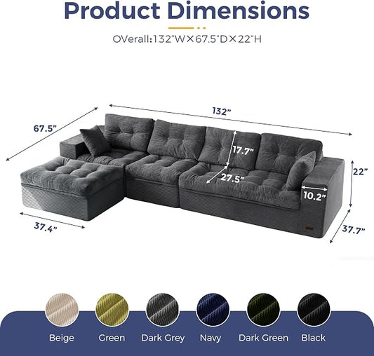 MAXYOYO 132" L Shaped Modular Sectional Sofa with Ottoman, Cloud Boneless Couch with Layered Cushion, Upholstered Sofa in a Box, Flexible Module Combination for Living Room, No Assembly, Dark Grey