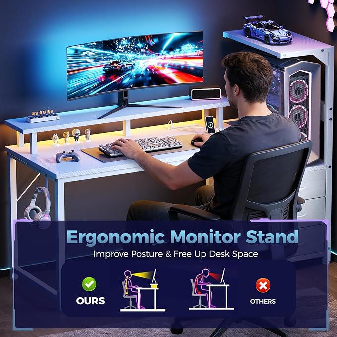DUMOS 52” Gaming Desk with USB Charging Ports & LED Lights, Reversible Computer Desk with Drawers, PC Desk for Home Office Small Space, Gaming Table Fits PC Towers, White