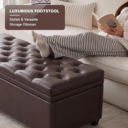 Mangodan Storage Ottoman Bench, Tufted Ottoman with Storage for Living Room, Large End of Bed Ottomans, Modern Entryway Benchs (Faux Leather Dark Brown, 50 Inch)