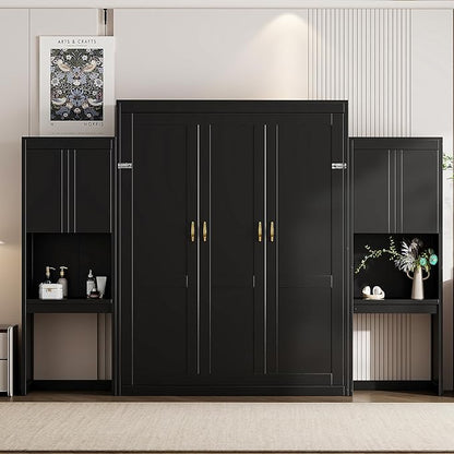 Ball & Cast Murphy Bed Queen Bed Frame with Headboard,Hideaway Bedframe w/Vanity and Cabinets,Wood Wall Cabinet,Slat Support,can be Folded,No Box Spring Needed,for Small Room,Espresso