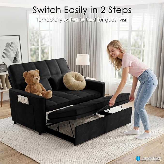 54'' Sleeper Sofa Bed, Convertible Pull Out Couch Futon for for Living Room,Apartment (Black, Loveseat) Side Pockets, Velvet Fabric, Adjustable Backrest, Pull-Out Bed, Easy Assembly