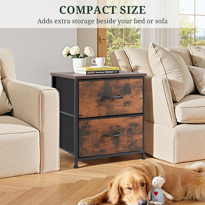Nightstand Set of 2, Small 2 Drawer Dresser End Table Bedside Furniture, Wooden Top Fabric Bins for Bedroom, Closet, Entryway, Dorm, 11.8" D x 18" W x 20", Brown