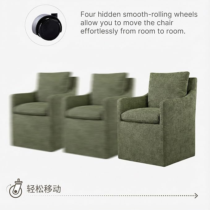 KISLOT Upholstered Dining Chairs with Casters, No Assembly Modern Accent Armchair with Rollers for Dining Room, Bedroom, Living Room, Reading Room, Already Assembled, Green, 1 Box