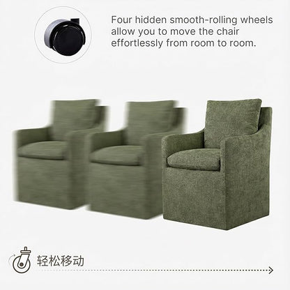 KISLOT Upholstered Dining Chairs with Casters, No Assembly Modern Accent Armchair with Rollers for Dining Room, Bedroom, Living Room, Reading Room, Already Assembled, Green, 1 Box