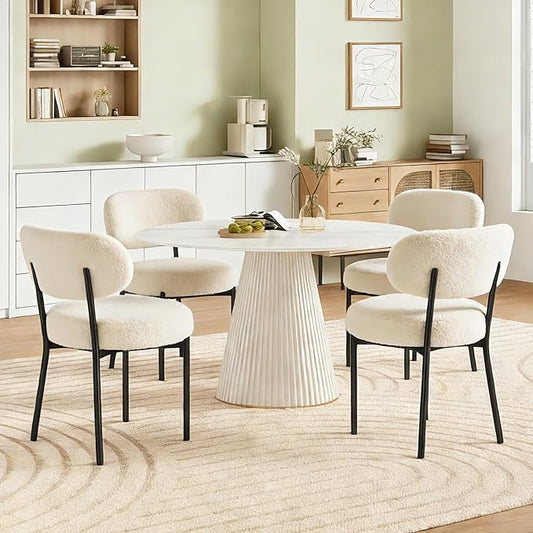 DUMOS Dining Chairs Set of 2, Mid Century Modern Chair Round Upholstered Curved Backrest, Kitchen Vanity Living Room Chairs with Black Metal Legs，Ivory White