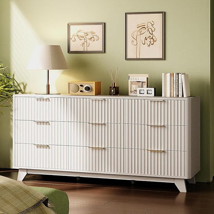 VINGLI 9 Drawer Dresser White Fluted Dresser for Bedroom with Rounded Edges, 57" Long Wood Dressers White and Gold, 57" W*15.75" D*29.92" H