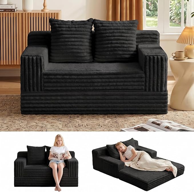 Erament Boneless Loveseat Convertible Sofa Bed, Folding Floor Futon Sleeper Sofa Couch Bed- Boneless Foldable Couch, Furry Pull Out Sofa Bed with 2 Pillows for Living Room & Bedroom