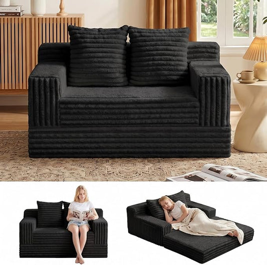 Erament Boneless Loveseat Convertible Sofa Bed, Folding Floor Futon Sleeper Sofa Couch Bed- Boneless Foldable Couch, Furry Pull Out Sofa Bed with 2 Pillows for Living Room & Bedroom