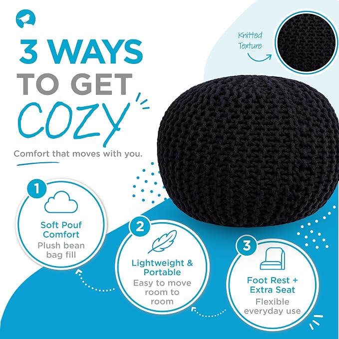 BIRDROCK HOME Round Pouf Ottoman Foot Rest - 18.5”x18.5”x15” Boho Compact Comfortable Soft Cotton Braided Foot Stool with Bean Bag Filling for Living Room, Bedroom, or Nursery (Black)