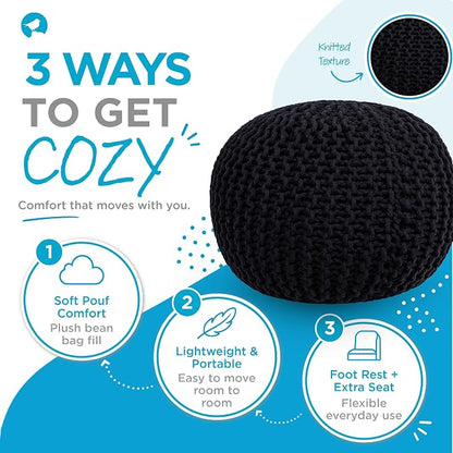 BIRDROCK HOME Round Pouf Ottoman Foot Rest - 18.5”x18.5”x15” Boho Compact Comfortable Soft Cotton Braided Foot Stool with Bean Bag Filling for Living Room, Bedroom, or Nursery (Black)