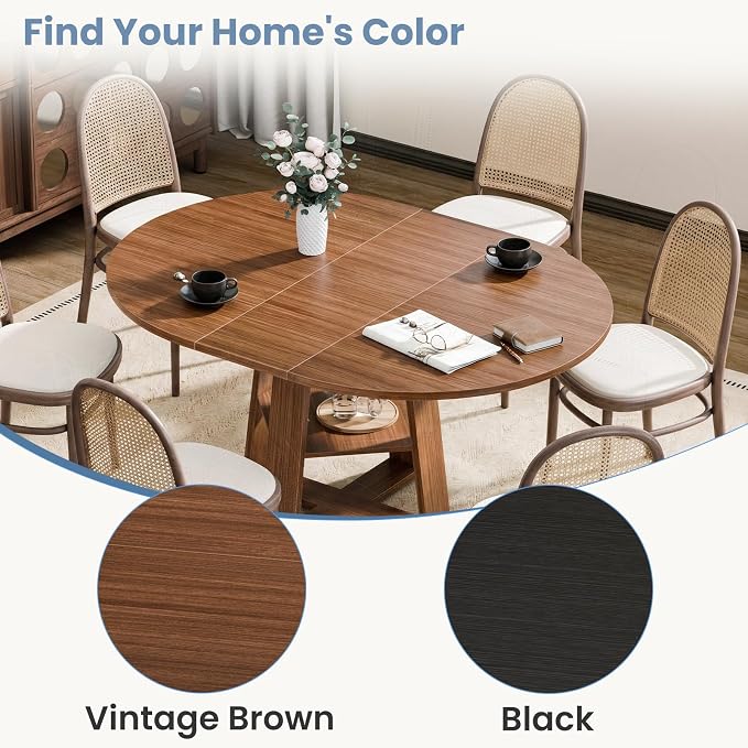 DUMOS Extendable Round Dining Table for 4-6, Modern Kitchen Oval Dinner Table with Storage Shelf, Wood Pedestal Base, Space Saving Modern Style, Brown