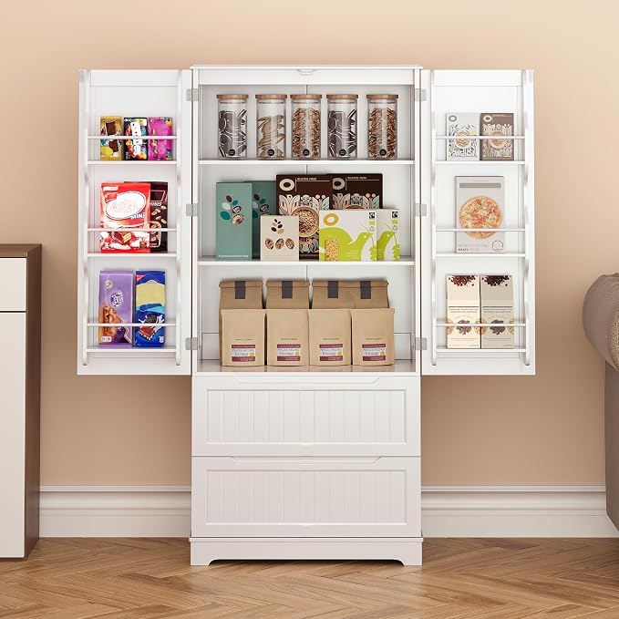 Gizoon 63" Tall Kitchen Pantry Cabinet with Drawers for Dining Room, Food Pantry Storage Cabinet with 6 Doors Shelves for Snack and Spice, Large Craft Storage Cabinet for Craft Room, White, Painted