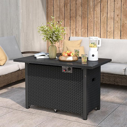 Tangkula Outdoor Propane Fire Pit Table, 42 Inch Rectangular Rattan Fire Table with Wind Guard & Glass Rocks, 50,000 BTU Smokeless Gas Fire Pit for Outside Patio (Black)