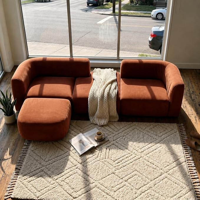 Acanva Luxury Modern Tight Curved Back Velvet Sofa, Minimalist Style Comfy Couch for Living Room Apartment, 4 Seater Modular Sectional, Tangerine