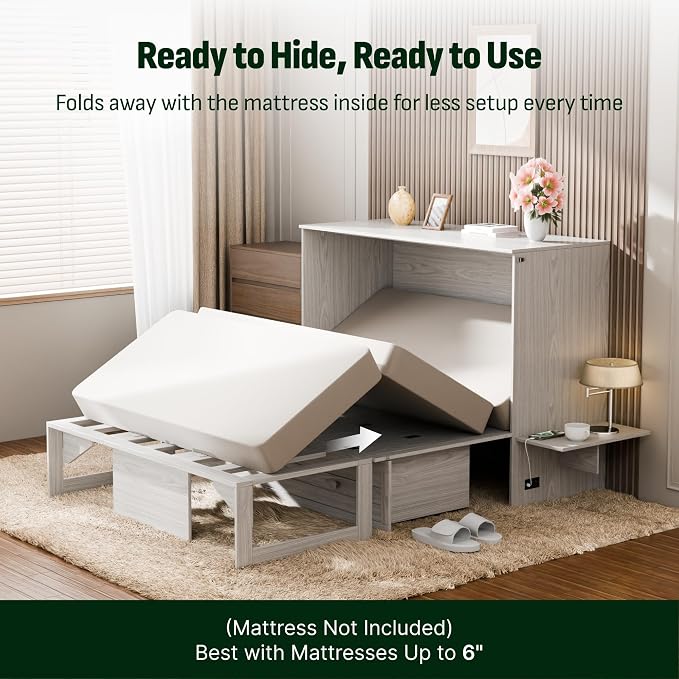 Softa Murphy Bed Full with Drawer, 1200Lb Support, Fold-Down Side Table & Charging Station, Mattress Storage Space, No Box Spring Needed, Space Saving Murphy Bed Cabinet for Guest Room & Home Office