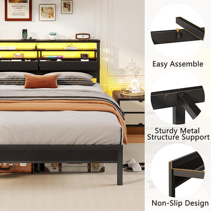 Furnulem Queen Bed Frame with Headboard & 2 Fabric Drawers, Queen Platform Bed Featuring LED Lights, 3-Tier Storage Shelves Built-in Charging Station, Metal Slats, No Box Spring Needed, Easy Assembly