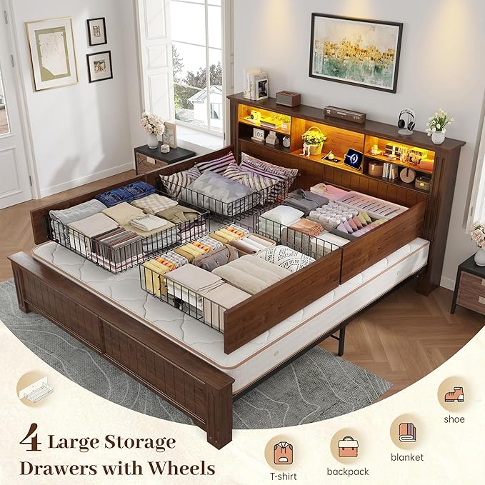 EnHomee King Size Bed Frame with 4 Storage Drawers and Headboard,LED Lights & Charging Ports,No Box Spring Needed for Big House,Noise-Free,Wooden,Brown