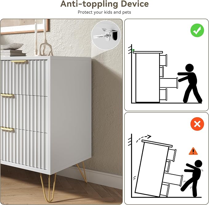 White Dresser for Bedroom, 7 Drawers Dresser with Golden Handles, Modern Wood Chest for Living Room, Hallway, Entryway