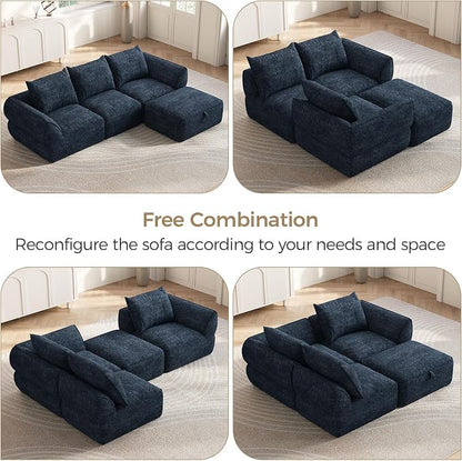 104" Modular Sectional Sofa with Deep Seat, Comfortable Upholstery L Shaped Cloud Couch for Living Room, 3-Seater Boneless Sofa with Movable Ottomans, Removable Cover, No Assembly Required, Aqua Blue