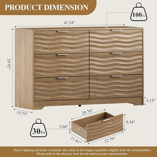 MALOL Coastline Fluted 6 Drawers Dresser for Bedroom, 48" Wide Modern Chest of TV Stand Organizers with Metal Handle, Storage Wooden Dresser Drawer for Living Room, Hallway, Closet, Walnut Wood