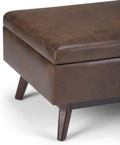 SIMPLIHOME Owen Coffee Table Storage Ottoman - 34" Wide x 19" High Upholstered Vegan Leather Rectangular Lift-Top Ottoman in Distressed Chestnut Brown, Mid-Century Modern Bench with Tapered Legs