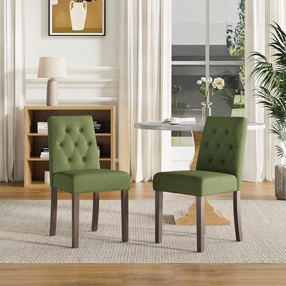 Upholstered Dining Chairs Set of 2 - Modern Parsons Kitchen & Dining Room Chair with Diamond Tufted Back, Solid Wooden Legs for Apartment, Café, Vanity