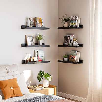 YUFLINX 16’’Black Floating Shelves for Wall Set of 6,Rustic Wood Shelf for Room Decor/Storage/Display,Small Bookshelf,Wall Mounted Hanging Shelves for Bedroom, Bathroom, Living Room, Kitchen