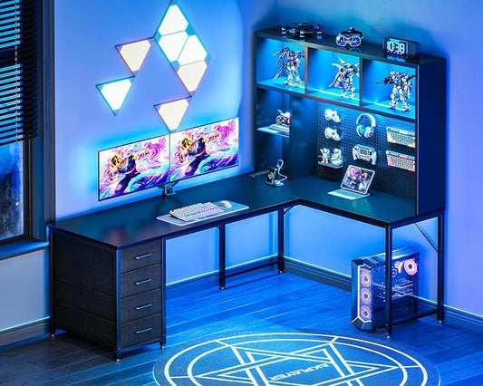 AODK 63" L Shaped Gaming Desk with Hutch, Pegboard & Shelves, L Shaped Desk with 4 Drawers, Integrated LED Light Strip & Power Outlets, Reversible PC Gaming Computer Desk, Black