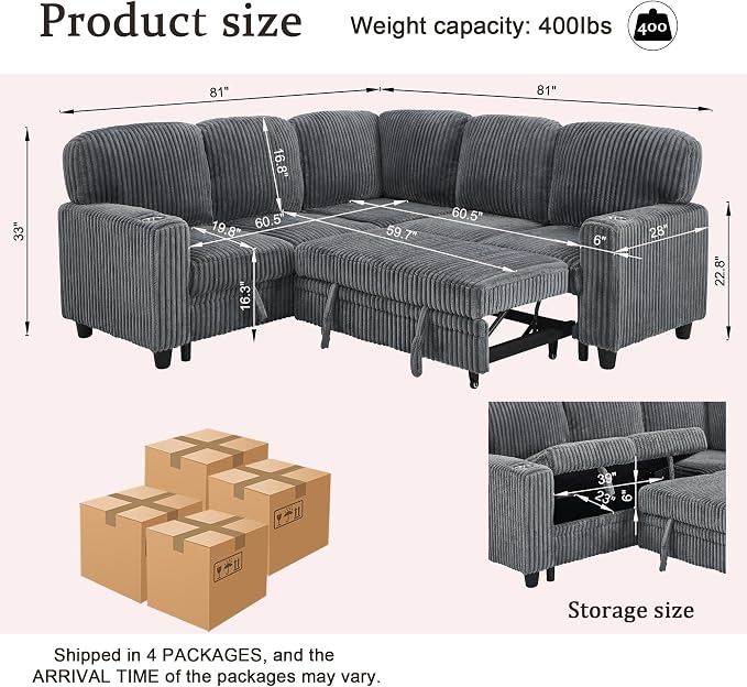 Sectional Sleeper Sofa with Pull Out Bed, Plush Corduroy L Shaped Corner Couch with Storage, USB Ports, Cup Holders, Comfy Sectional Couches for Living Room, Grey