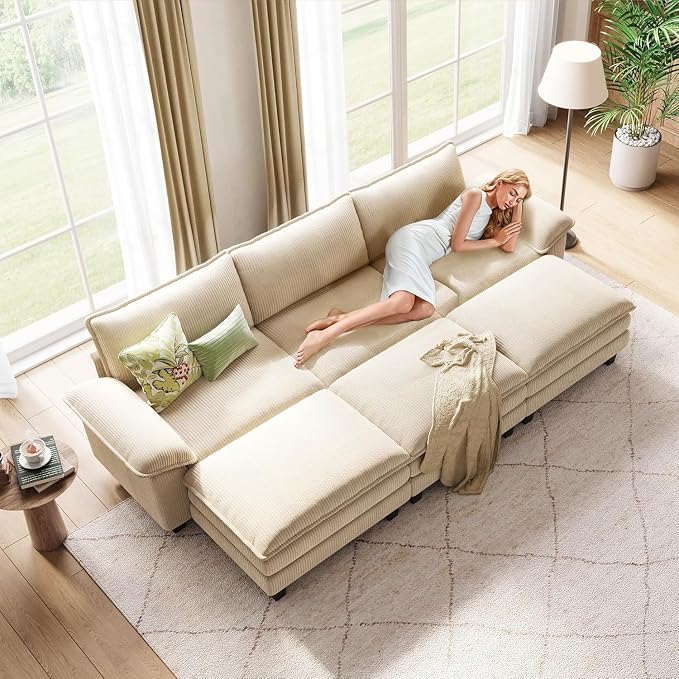 LINSY HOME 123'' Modular Sectional Sofa 3 Seat Couch Corduroy Cloud Couch with Deep Seat, Modern Cloud Couch with 3 Movable Ottoman for Living Room, Office, Bedroom, Beige