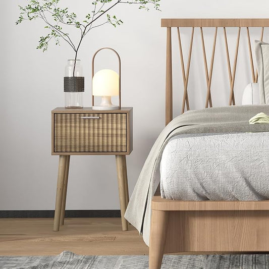 LAATOOREE Nightstands Set of 2, Small Size Side End Table, Bedside Table with Fluted Door, Solid Wood Feet; for Bedroom, Small Bed