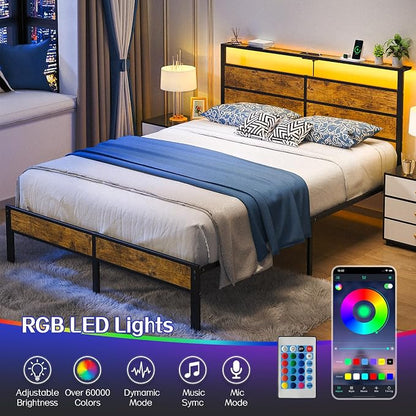 Liians Full Size Bed Frame, Full Bed with Charging Station Headboard and LED Lights, Platform Bed with Metal Slats, No Box Spring Needed, Noise Free, Easy Assembly