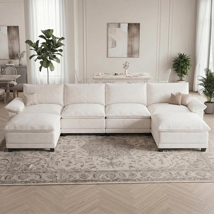 Modern U Shaped Sofa Couches for Living Room, Modular Sectional Cloud Couch with Movable Ottoman, Comfy Chenille Sofa for Apartment and Small Space, Beige
