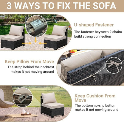 Jing's Villa 10-Piece Patio Furniture Set, All-Weather Outdoor Wicker Sectional Sofa with Cushions, Glass Table & Left and Right Armrest, Rattan Conversation Seating for Porch, Garden, Backyard,Beige