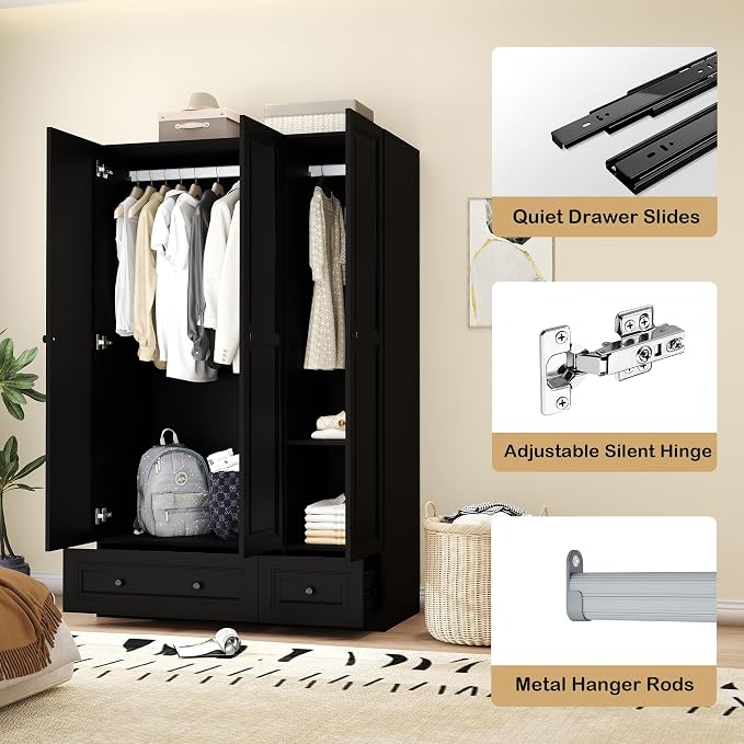 Armoire Wardrobe Closet with Drawers: 74" Bedroom Closet for Hanging Clothes, Black Wardrobes Closets with Doors, Modern Armoire Cabinet with Shelves (Black, 47")