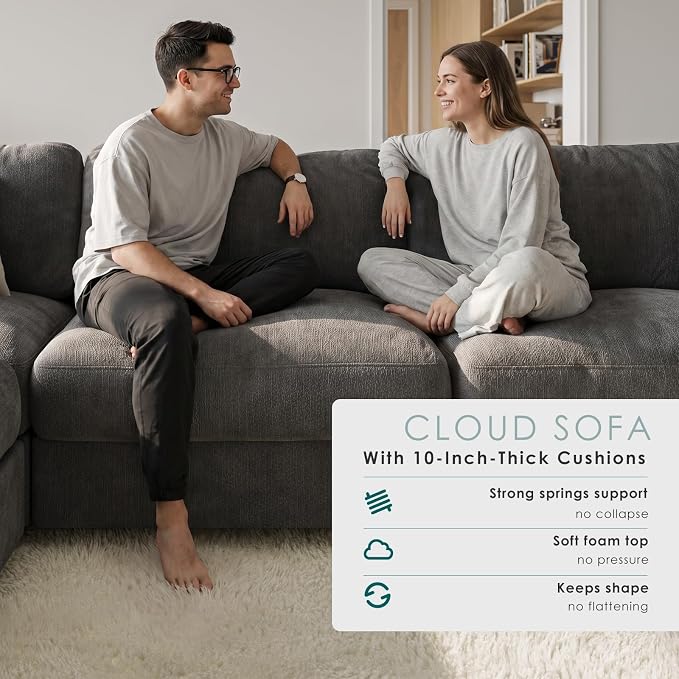114" Cloud Couch Sectional Couches for Living Room Dark Grey | 10" High-Resilience Cloud Cushion, 36" Movable Ottoman, Plus-Size Friendly Couch, 28" Extra Deep Seat Sofa