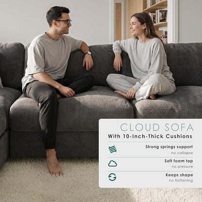 114" Cloud Couch Sectional Couches for Living Room Dark Grey | 10" High-Resilience Cloud Cushion, 36" Movable Ottoman, Plus-Size Friendly Couch, 28" Extra Deep Seat Sofa
